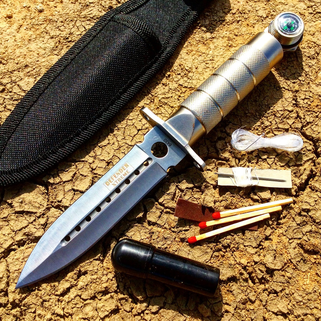 Defender Xtreme 8" Silver Survival Knife With Survival Kit & Sheath