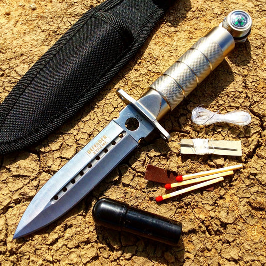 Defender Xtreme 8" Silver Survival Knife With Survival Kit & Sheath