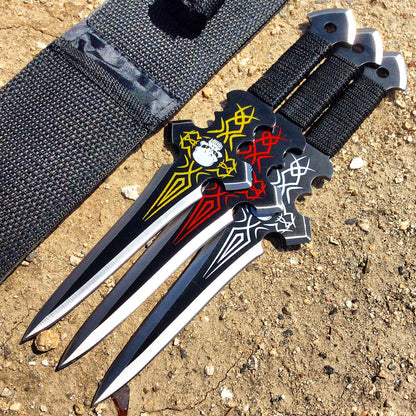 Defender Set Of 3 Skull Design Black Throwing Knives With Sheath