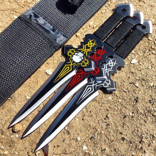 Defender Set Of 3 Skull Design Black Throwing Knives With Sheath