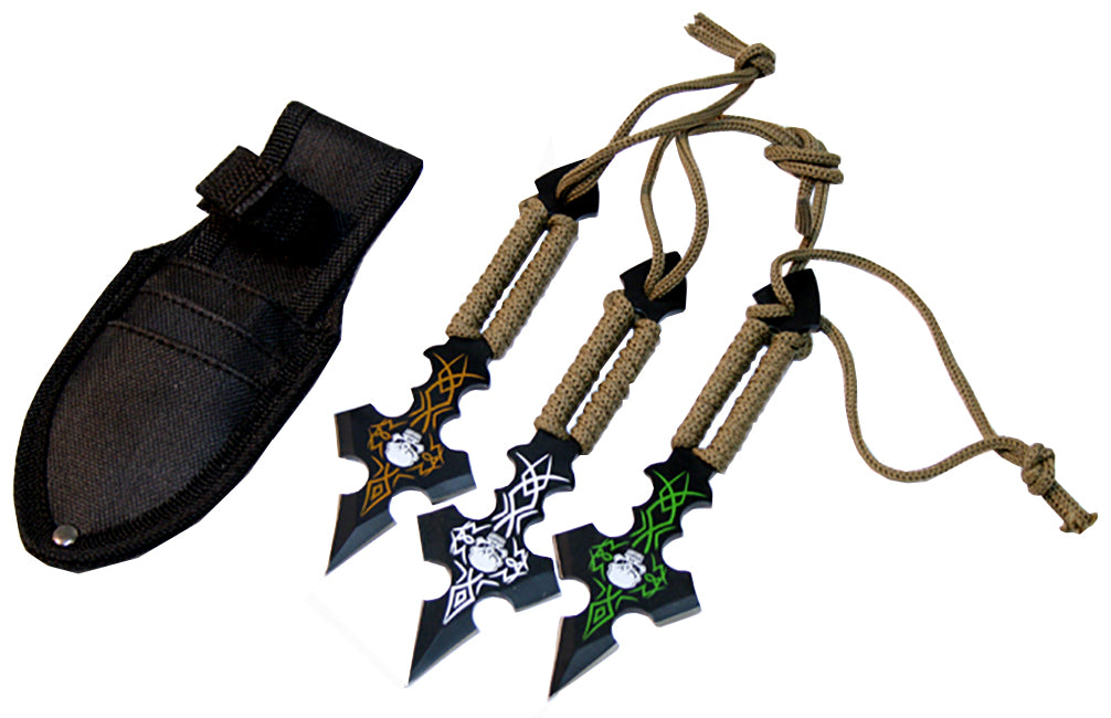 Defender Set Of 3 Skull Design & Green String Throwing Knives With Sheath