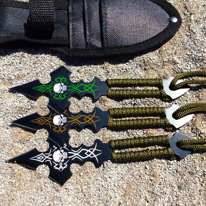 Defender Set Of 3 Skull Design & Green String Throwing Knives With Sheath