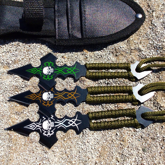 Defender Set Of 3 Skull Design & Green String Throwing Knives With Sheath