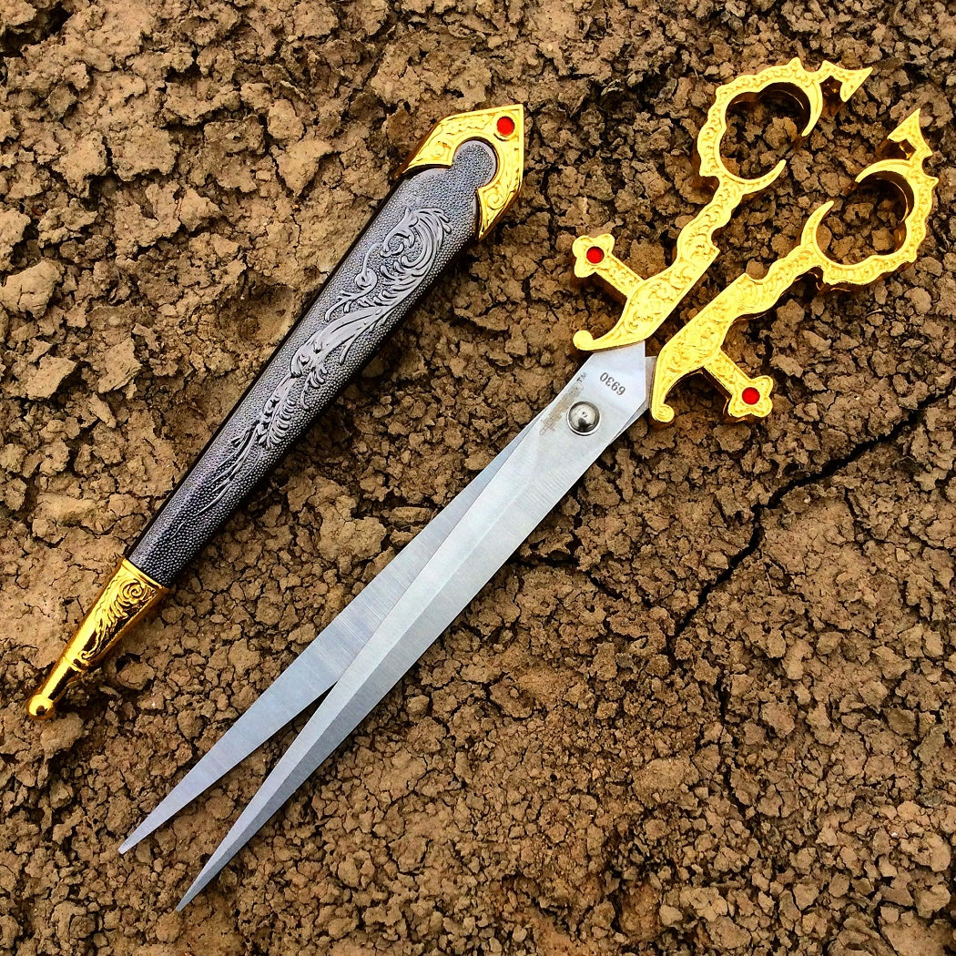 Defender 10.5" Renaissance Scissors Dagger Gold Color Handle with Sheath