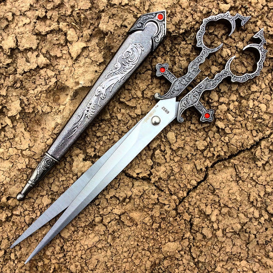 10.5" Dark Silver Color Handle Renaissance Scissors Dagger with Sheath