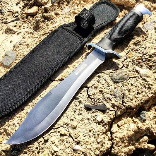 13" Defender Xtreme Serrated Blade Silver & Black Hunting Knife Sheath