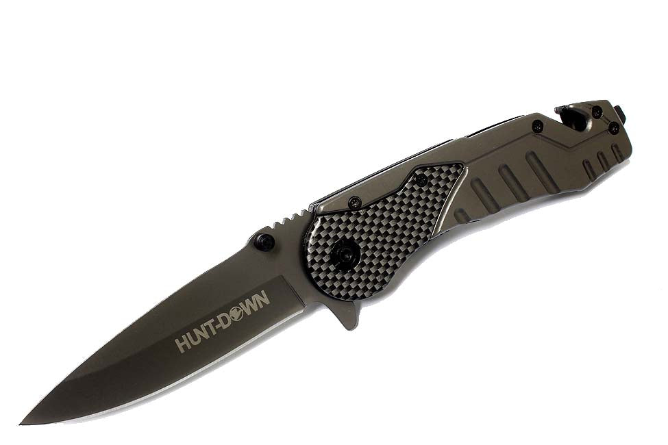 8" Hunt Down Grey Folding Spring Assisted Knife with Belt Clip