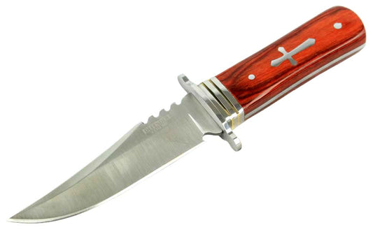 8" Jesus Cross Handle with Shinning Stainless Steel Blade and Nylon Belt Loop Sheath - Wood