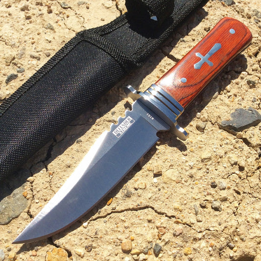8" Jesus Cross Handle with Shinning Stainless Steel Blade and Nylon Belt Loop Sheath - Wood