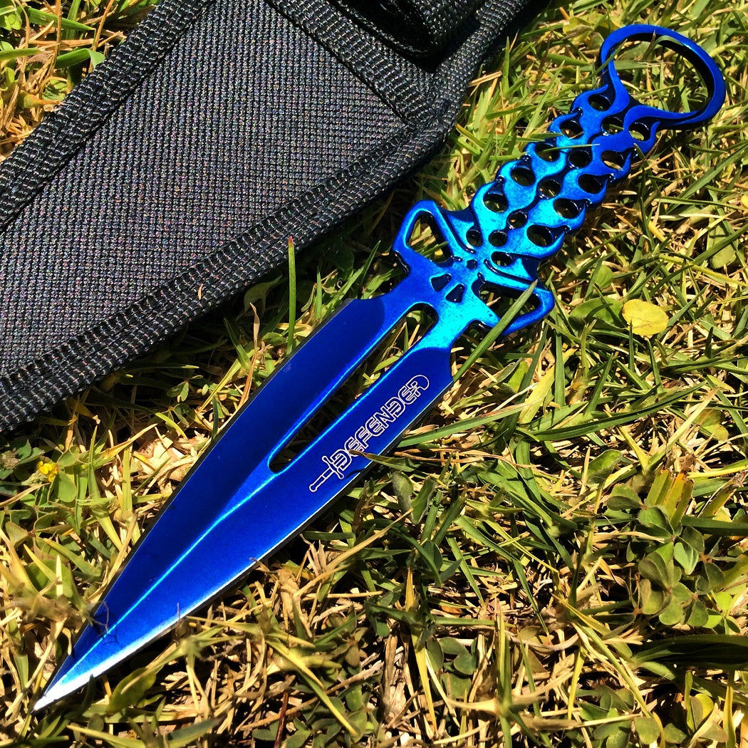 8" Defender Blue Skull Throwing Knife with Sheath