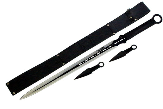 27'' Ninja Sword Machetes Full Tang 2 Tone Blade With 2 Throwing Knives 7" Black