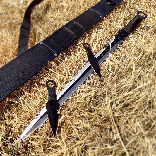 27'' Ninja Sword Machetes Full Tang 2 Tone Blade With 2 Throwing Knives 7" Black
