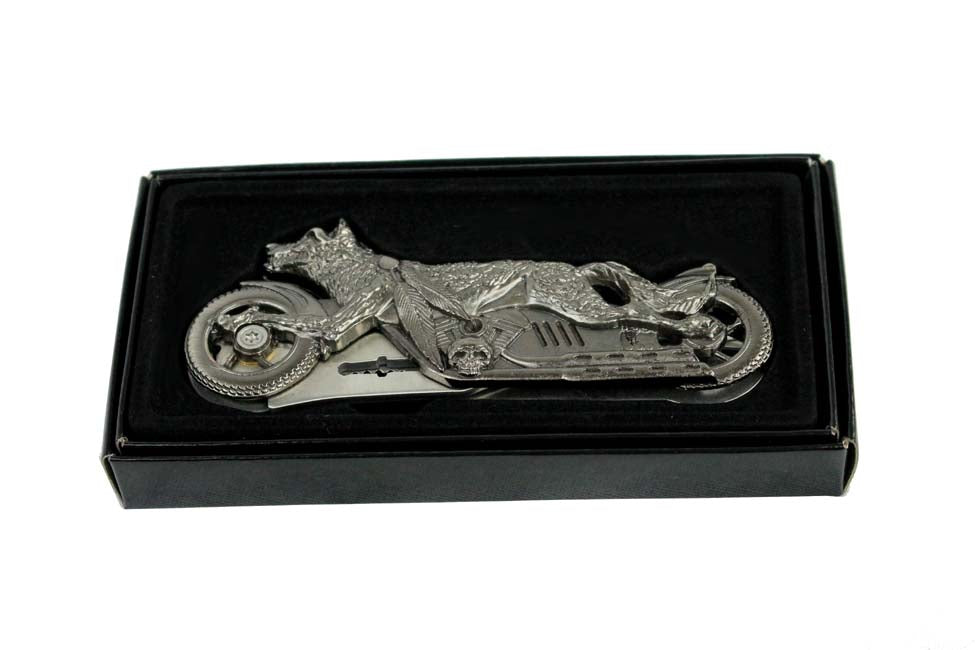 7.5" BoneEdge Folding Knife w/ Wolf Motorcycle Handle