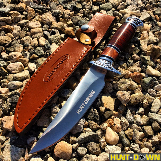12" Hunt-Down Fixed Blade Brown and Chrome Knife with Sheath