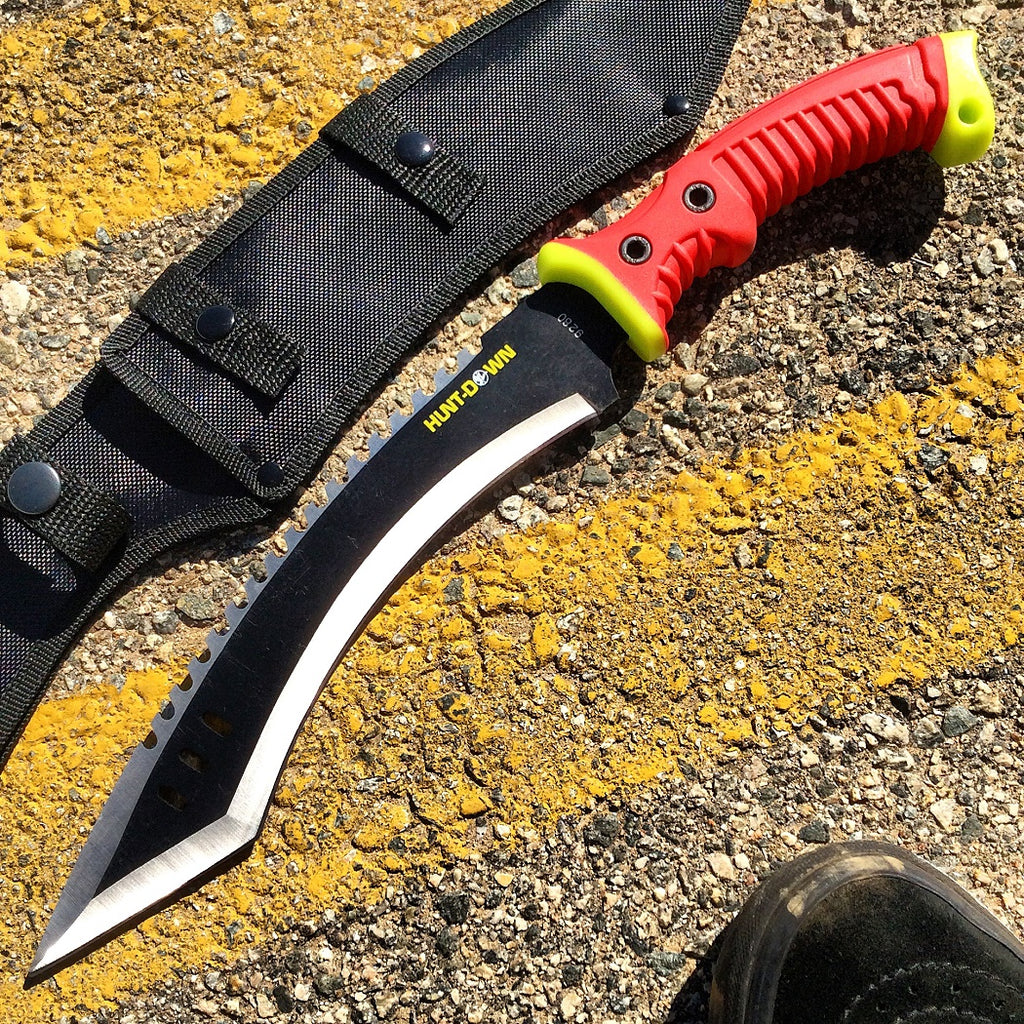 16" Curved Blade Hunting Knife Straight Camping Outdoor Knives Tactical Red /Sheath