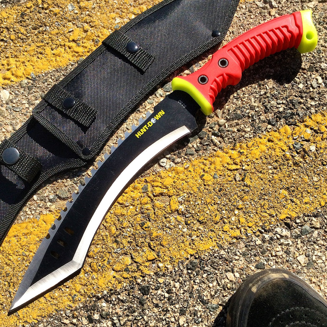 16" Curved Blade Hunting Knife Straight Camping Outdoor Knives Tactical Red /Sheath