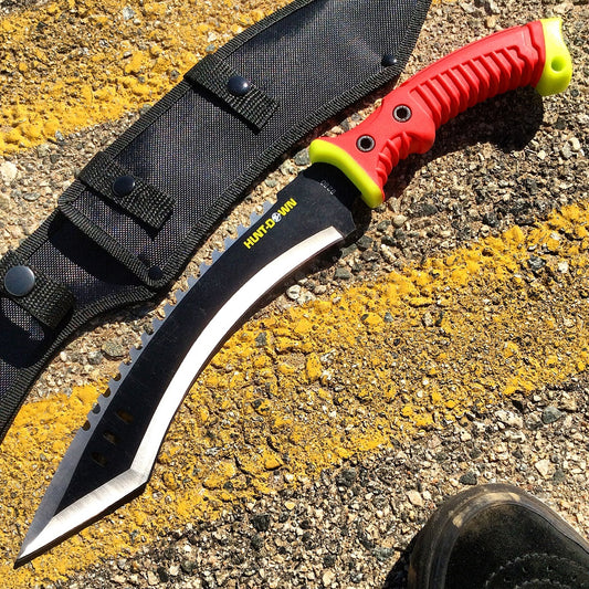16" Curved Blade Hunting Knife Straight Camping Outdoor Knives Tactical Red /Sheath