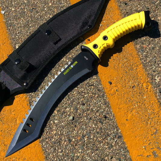 16" Curved Blade Hunting Knife Straight Camping Outdoor Knives Tactical Yellow /Sheath