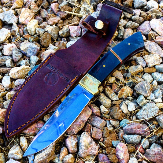 8.5" Huntdown Full Tang Knife with Black Stainless Steel Blade & Leather Sheath