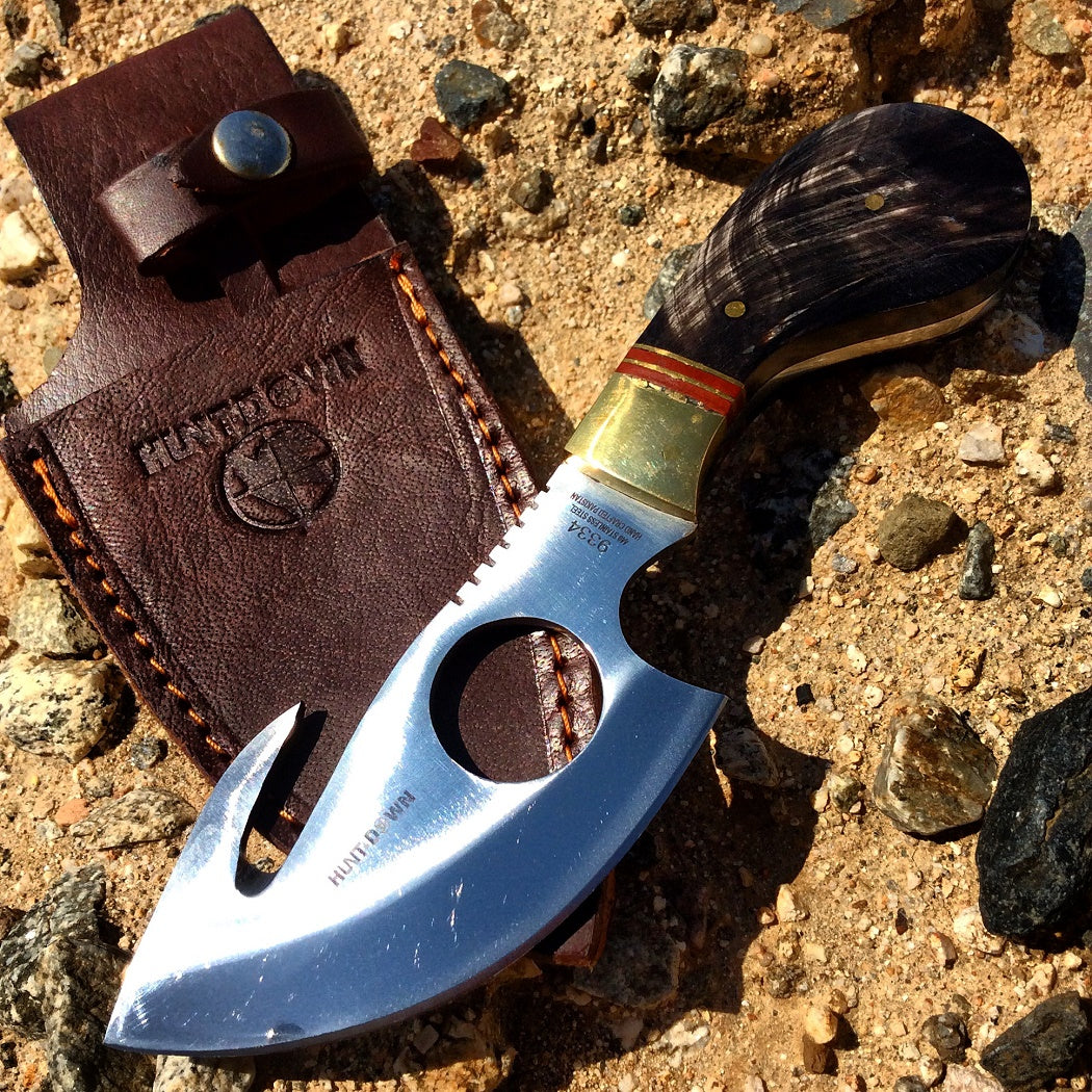 7" Huntdown Full Tang Skinner Knife with Fore Finger grip and Leather Sheath