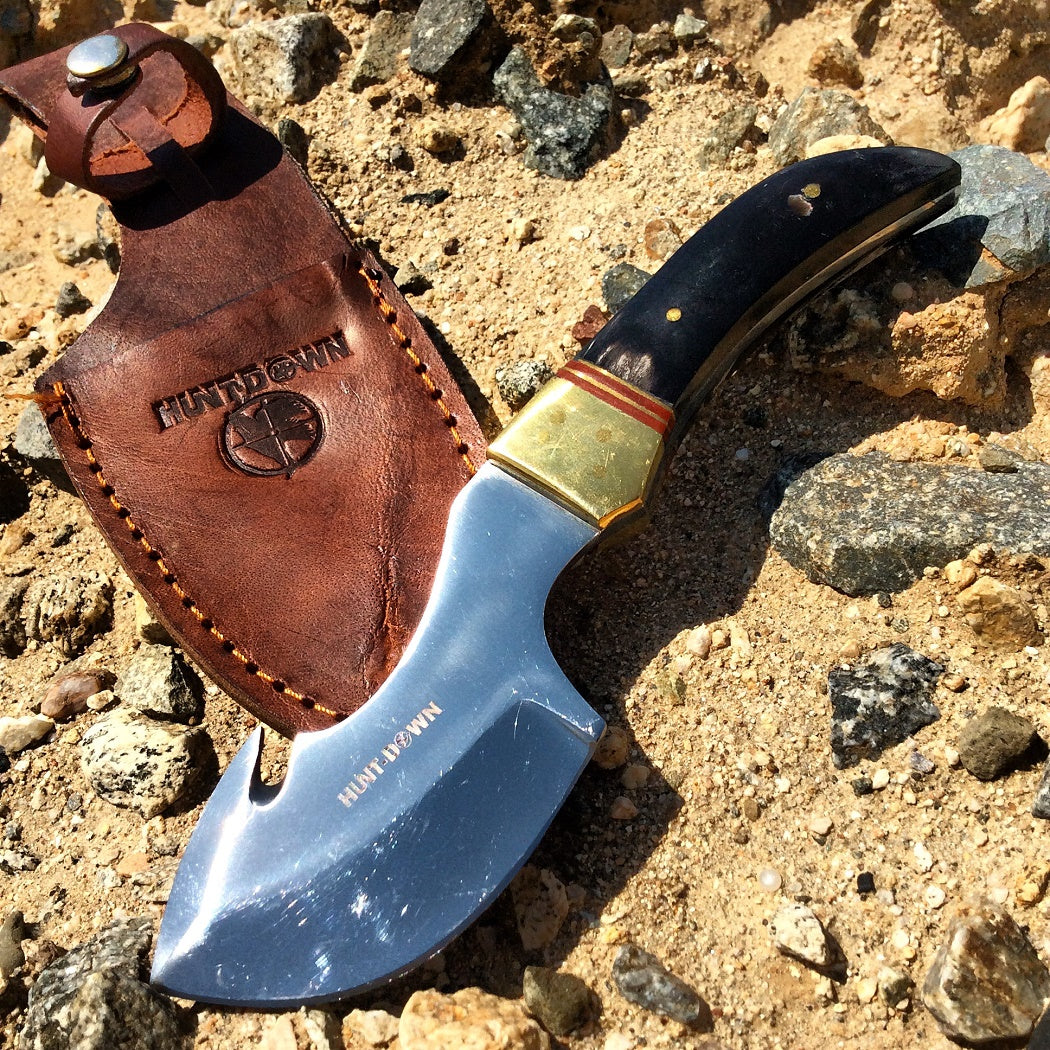 7.5" Huntdown Full Tang Skinner Knife with Black Stainless Steel Blade and Leather Sheath