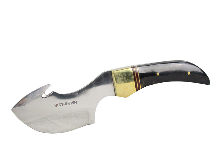 7.5" Huntdown Full Tang Skinner Knife with Black Stainless Steel Blade and Leather Sheath