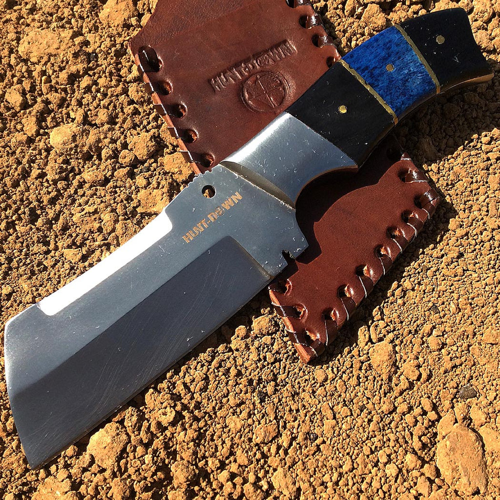 9" Huntdown Full Tang Hunting Knife with Blue and Leather Sheath