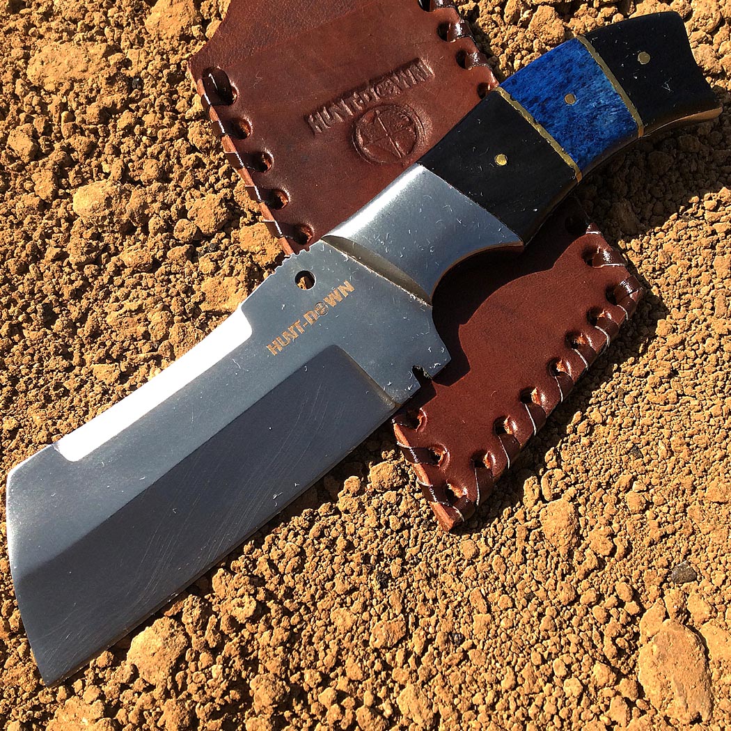 9" Huntdown Full Tang Hunting Knife with Blue and Leather Sheath