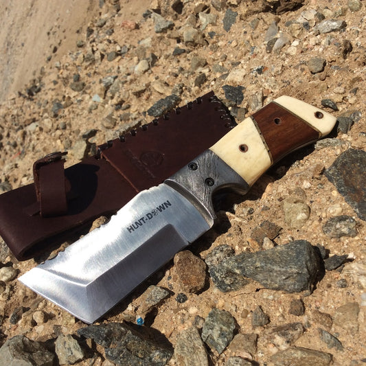 9" Huntdown Full Tang Hunting Knife with Wood Handle and Leather Sheath