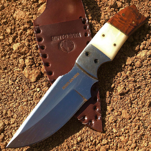 Hunt Down 9.5" Demascus Blade Bolster Stainless Steel Hunting Knife With Leather Sheath