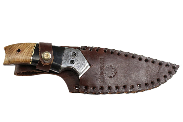 9" Huntdown Full Tang Drop Pointed Hunting Knife with Decorative Handle and Leather Sheath