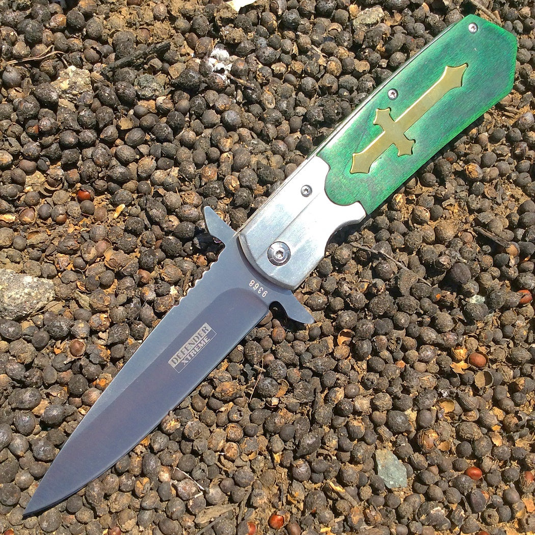 9.5" CELTIC CROSS SPRING ASSISTED OPEN POCKET KNIFE Gothic Stainless Steel New