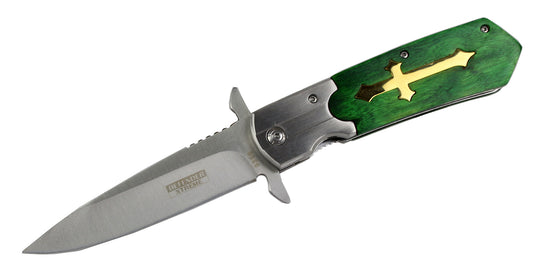 9.5" CELTIC CROSS SPRING ASSISTED OPEN POCKET KNIFE Gothic Stainless Steel New