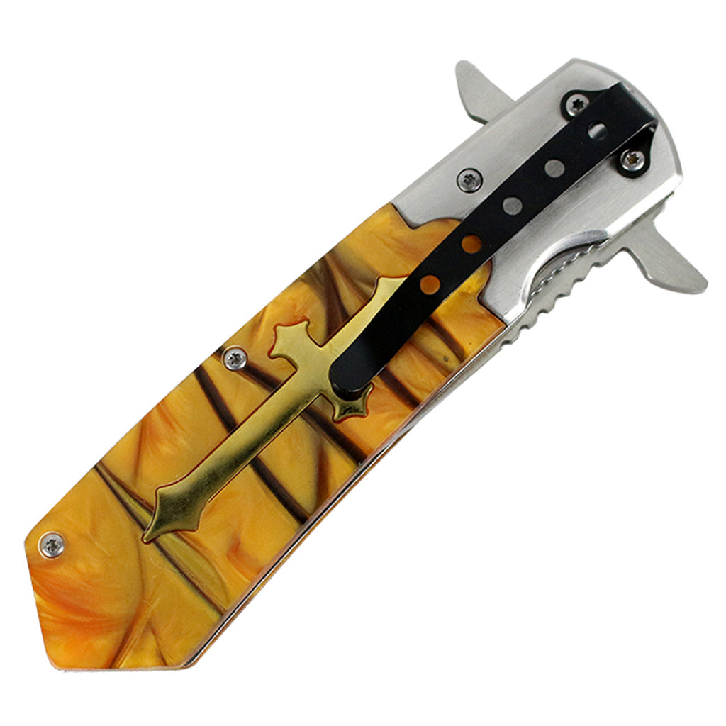 9.5" CELTIC CROSS SPRING ASSISTED OPEN POCKET KNIFE Gothic Stainless Steel New