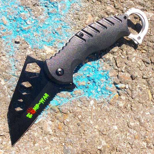 7.5" Zomb War Spring Assisted Tanto Bladed Knife Black Handle design Fore Finger Grip