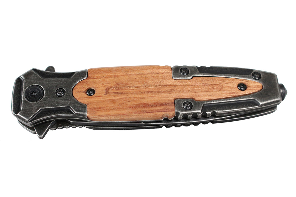 8" Defender Xtreme Spring Assisted Knife with Stone Washed Blade & Wood Handle