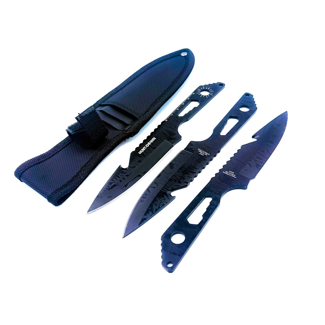 8" Three Piece Hunt Down Black Throwing Knife Set With Fish Hook
