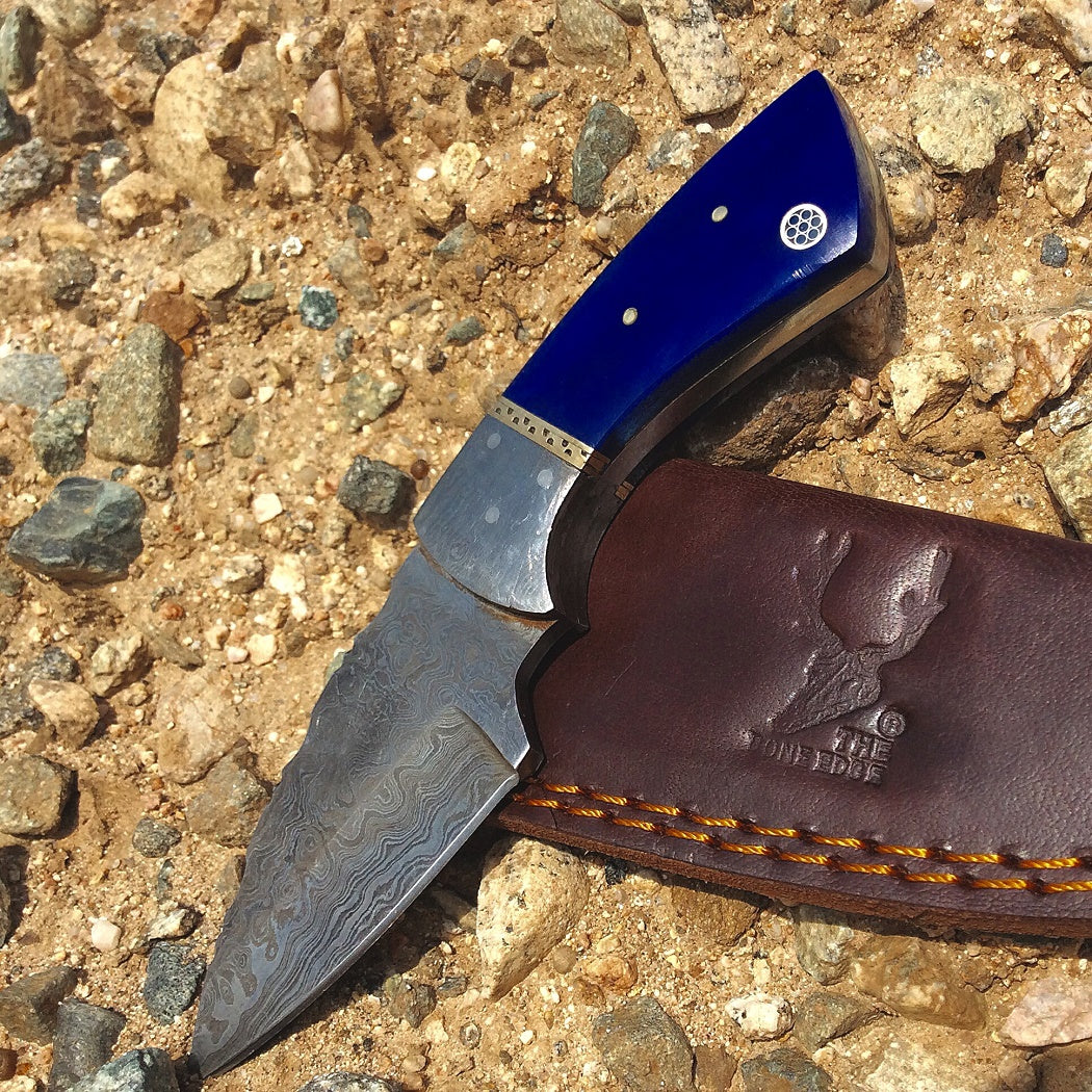 TheBoneEdge 7" Damascus Fixed Blade Full Tang  Blue Handle Steel Knife