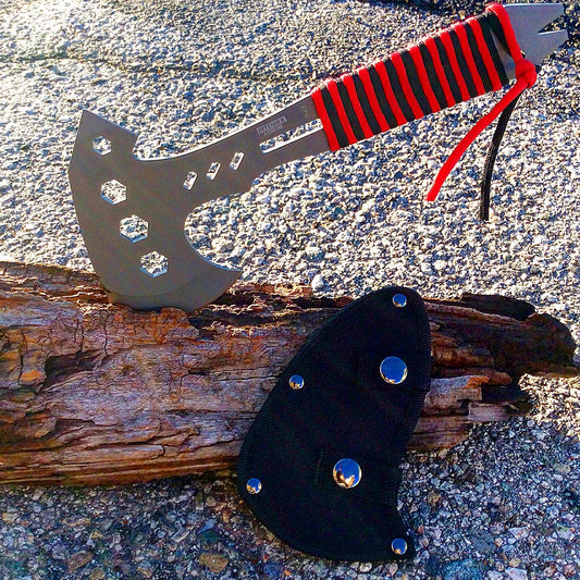 Defender-Xtreme 10.5" Hunting Survival Tactical Axe - Gray & Red & Black Handle