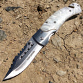 Hunt-Down 8" Spring Assisted Knife Tactical Rescue Pocket Knife - White Swirl Handle
