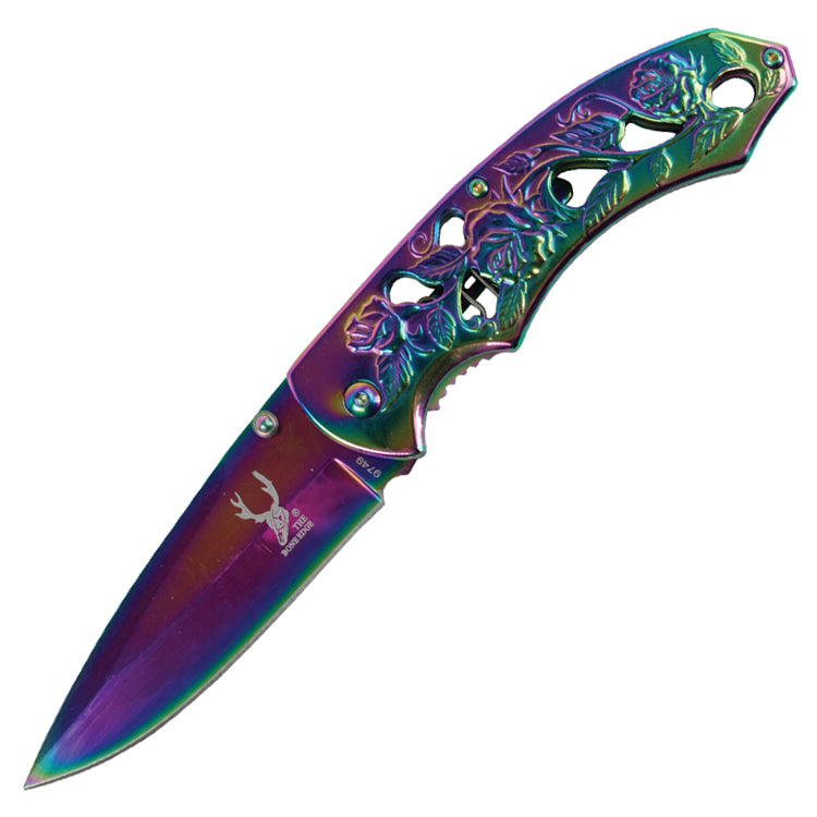 TheBodeEdge 8" Spring Assisted Tactical Sharp Knife with Strap Holder Rainbow