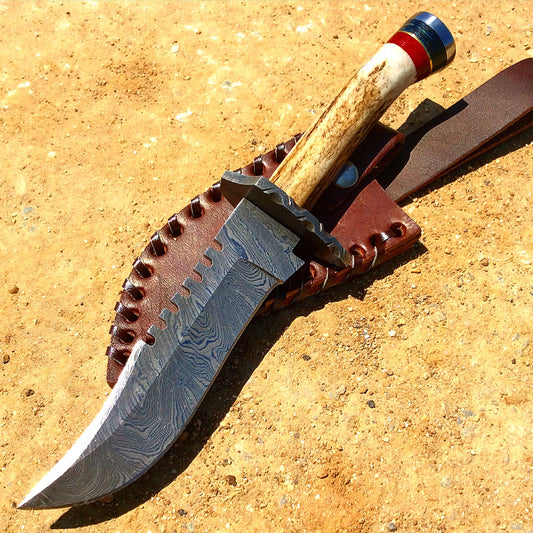 TheBoneEdge Damascus Blade Hunting Sharp Knife Real Stag Handle Leather Sheath