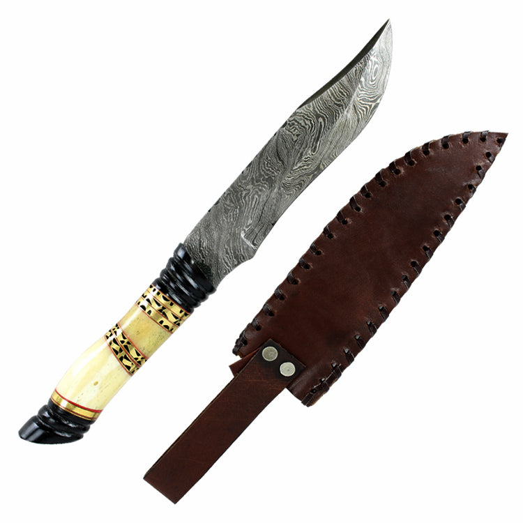 TheBoneEdge 13" Damascus Steel Fixed Blade Bone & Horn Handle Hunting Knife