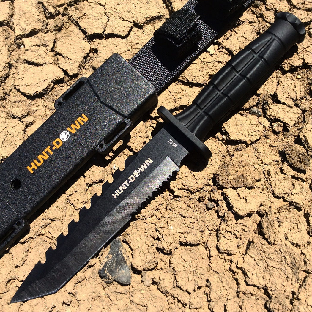 Hunt-Down 13" Tanto Point Hunting Knife with Plastic Sheath Grenade Design Handle