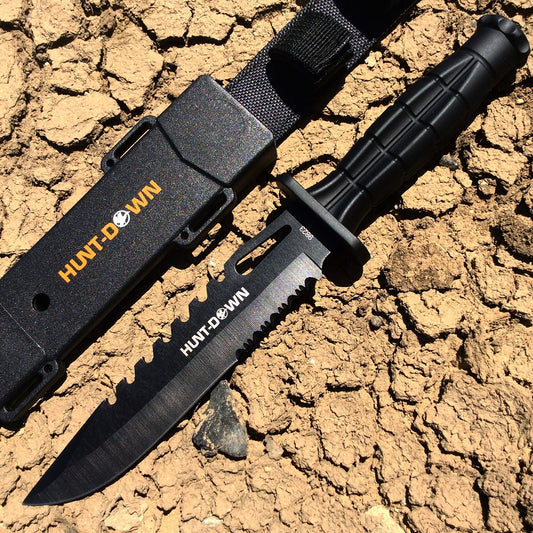 Hunt-Down 13" Drop Point Hunting Knife with Plastic Sheath Grenade Design Handle