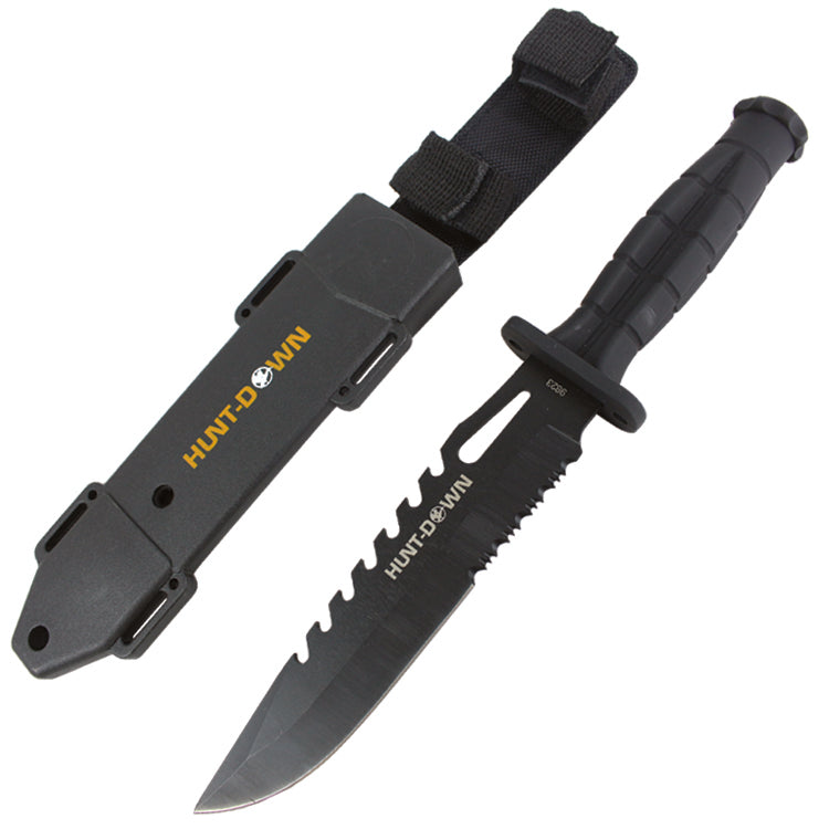 Hunt-Down 13" Drop Point Hunting Knife with Plastic Sheath Grenade Design Handle