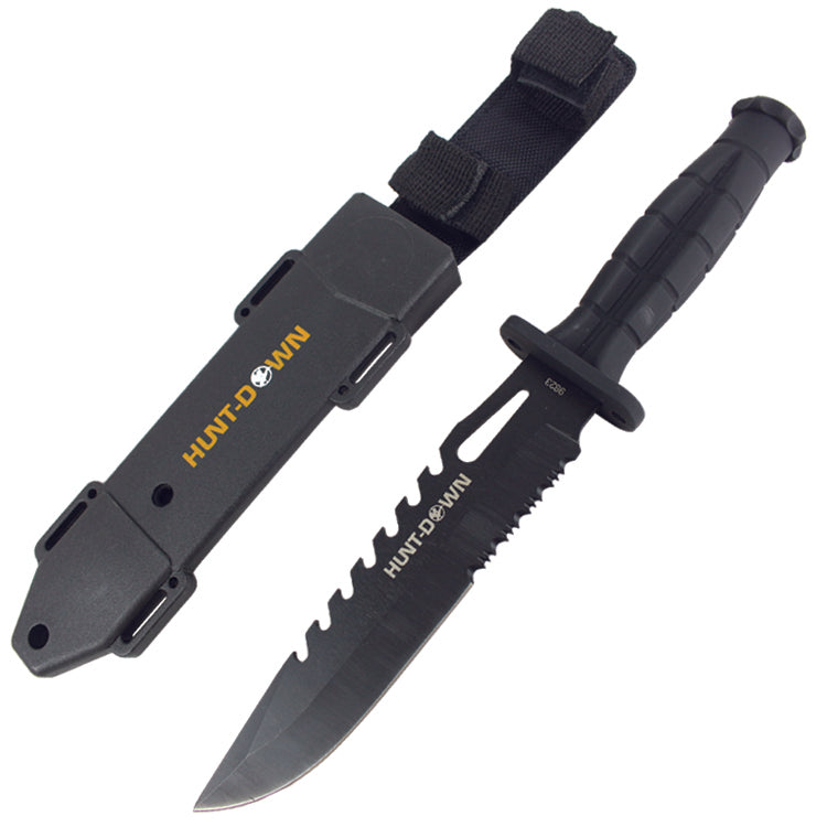 Hunt-Down 13" Drop Point Hunting Knife with Plastic Sheath Grenade Design Handle