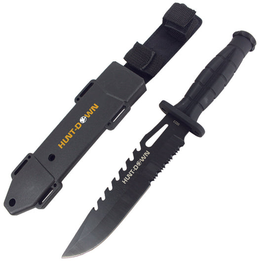 Hunt-Down 13" Drop Point Hunting Knife with Plastic Sheath Grenade Design Handle