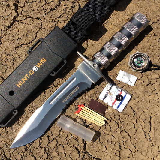 12" Hunting Survival Knives Bowie Knife Tactical Camping Fire Starter Kit Hard Sheath - Silver DropPoint