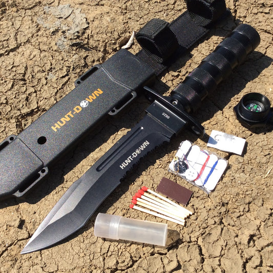 12" Hunting Survival Knives Bowie Knife Tactical Camping Fire Starter Kit Hard Sheath - Black DropPoint